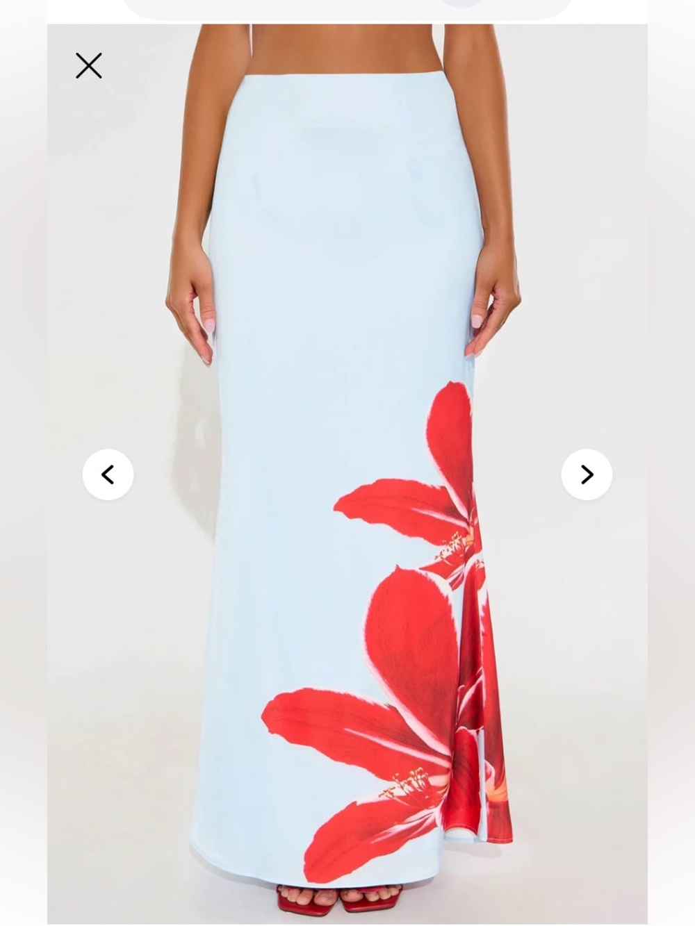 Fashion Nova Light Blue Maxi Satin Skirt with Bold Red Floral Print Size S